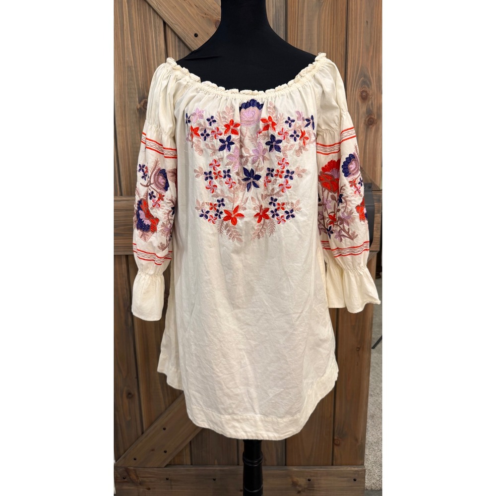 Free People Embroidered Off The Shoulder Mini Dress Cream Floral Boho L